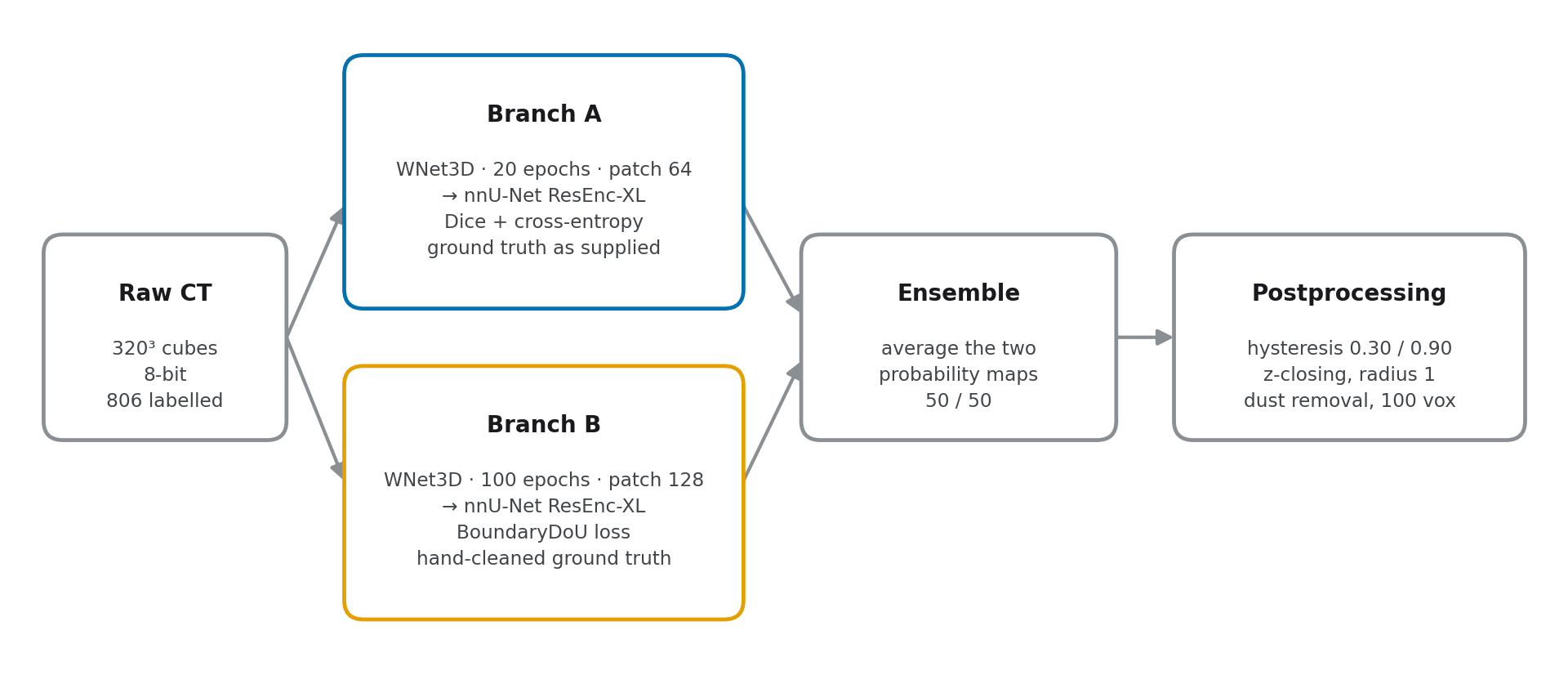 Flowchart of the final submission: raw CT into two WNet3D plus nnU-Net branches, ensembled and postprocessed